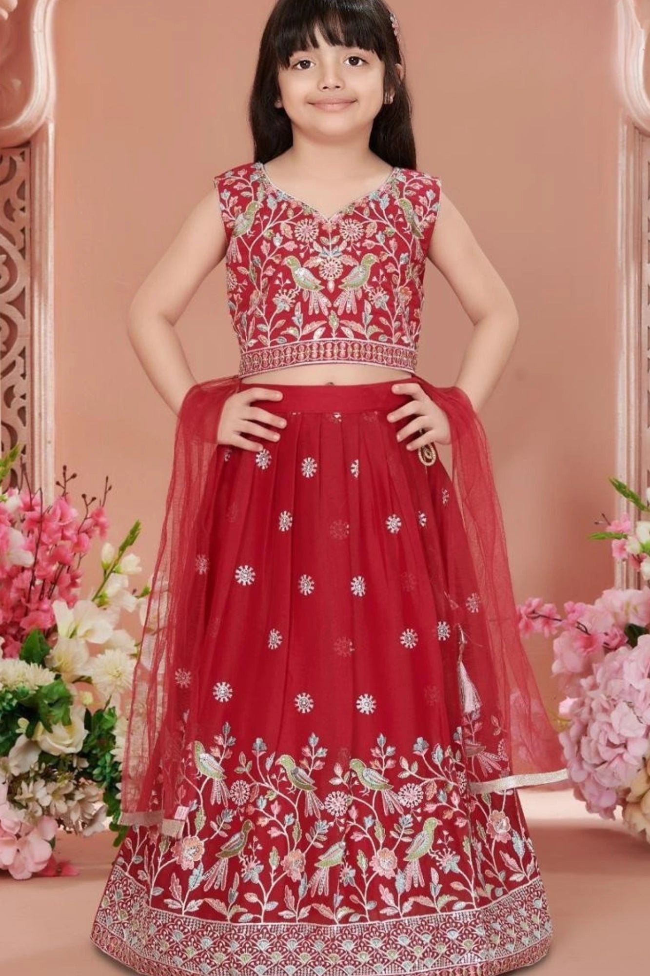 Red Embroidered Lehenga Choli with Dupatta For Girls