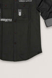 Black Utility Style Shirt With Graphic Prints And Roll-Up Sleeves For Boys