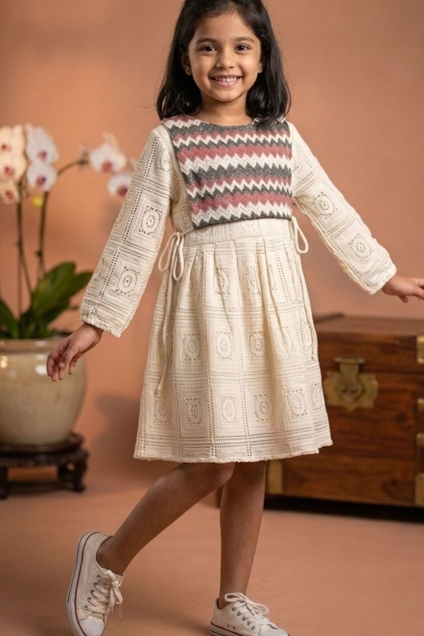 Cream Crochet Dress with Zigzag Yoke Detail Dress For Girls