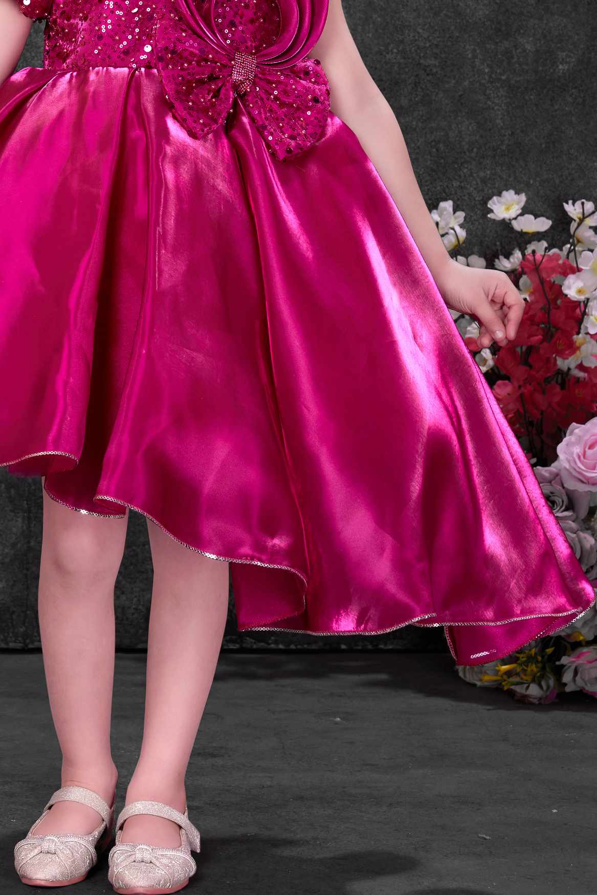 Rani Pink Sequin Party Wear Frock with Asymmetrical Flared Skirt For Girls
