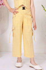 Trendy Lemon Yellow Sleeveless Jacket And Pant Co Ord Set For Girls
