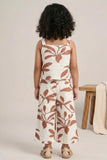 Girls White And Brown Floral Printed Co-Ord Set with Sleeveless Bow Strap Top And Flared Pants