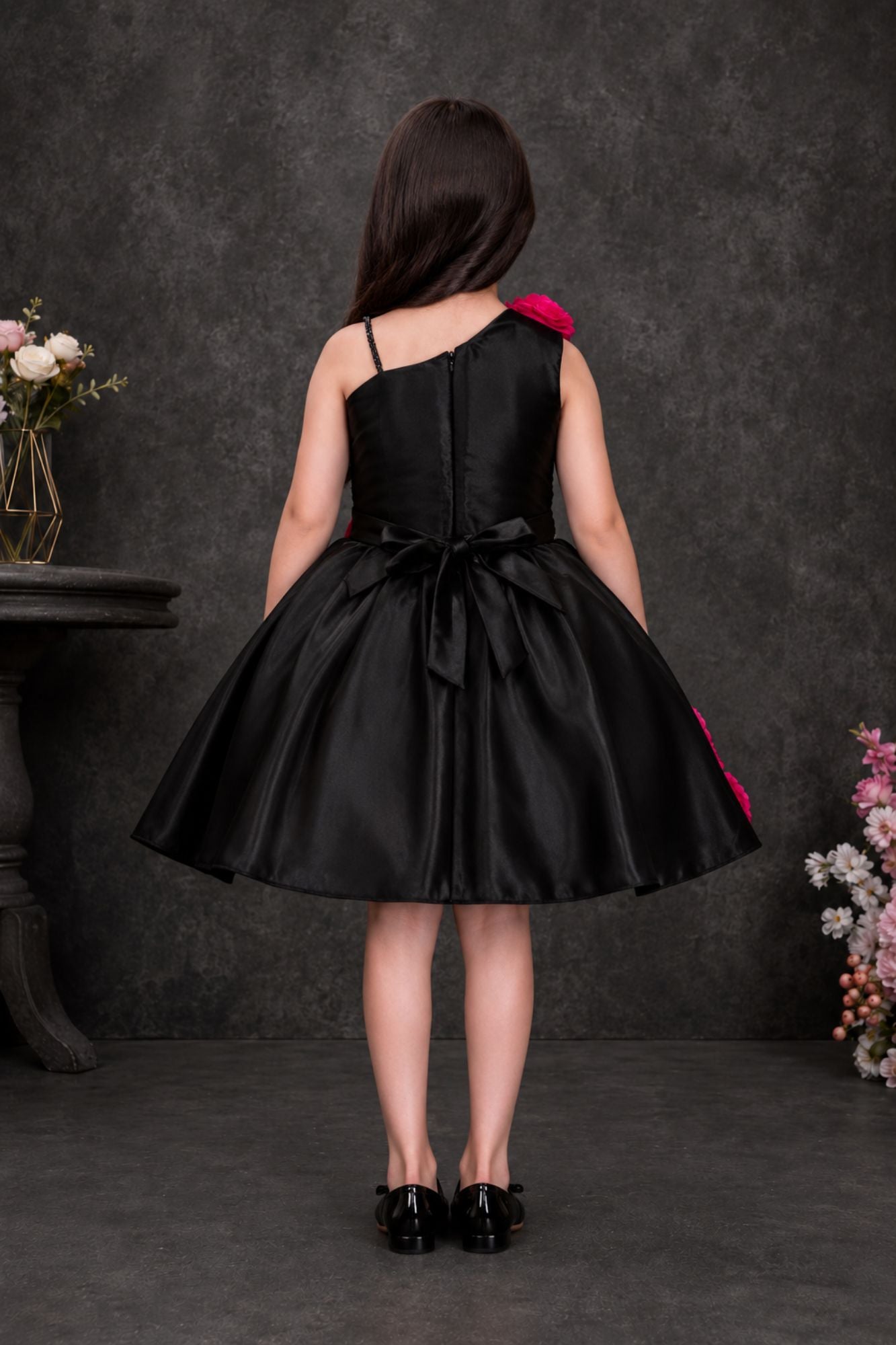 Black & Fuchsia Floral Party Wear Frock with Statement Bow