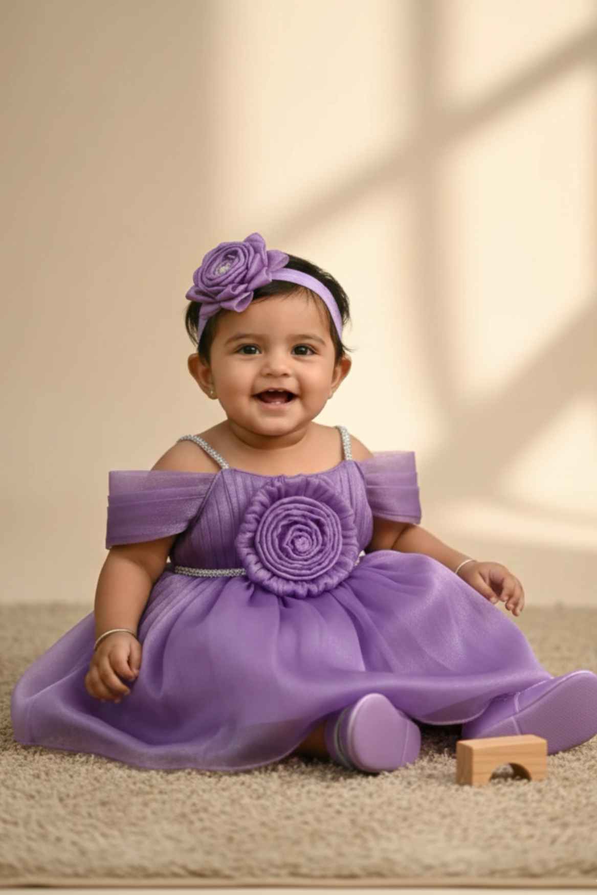 Lavender Party Frock with Pleated Flower Appliqué and Shimmer Finish For Girls