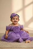 Lavender Party Frock with Pleated Flower Appliqué and Shimmer Finish For Girls