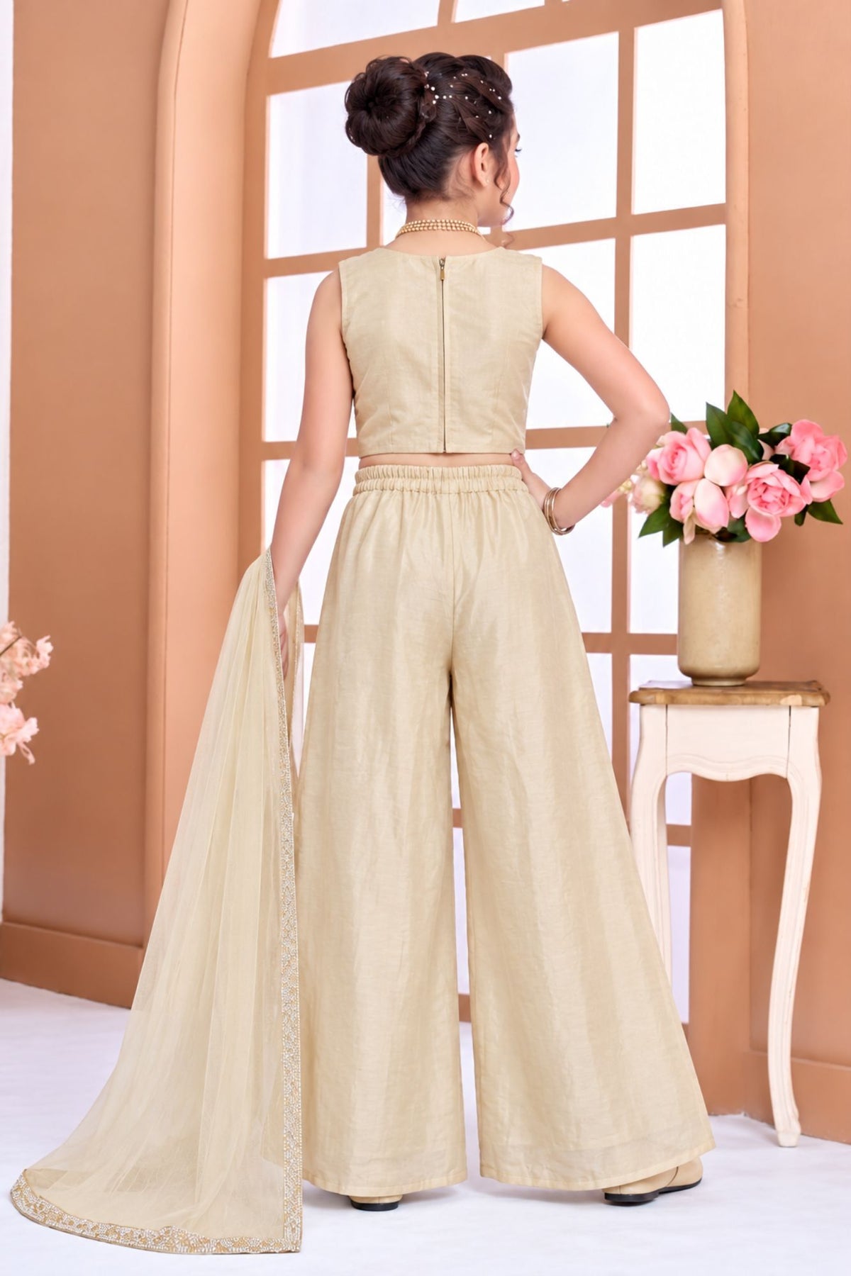 Girls Beige Bead Work With Floral Embroidered Palazzo Set with Dupatta