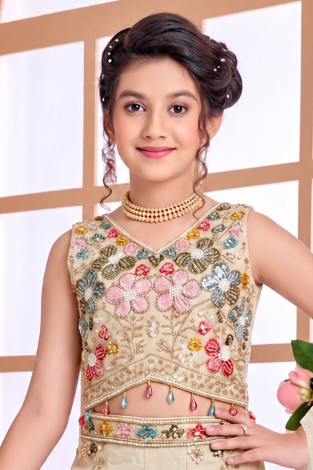 Girls Beige Bead Work With Floral Embroidered Palazzo Set with Dupatta