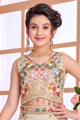 Girls Beige Bead Work With Floral Embroidered Palazzo Set with Dupatta