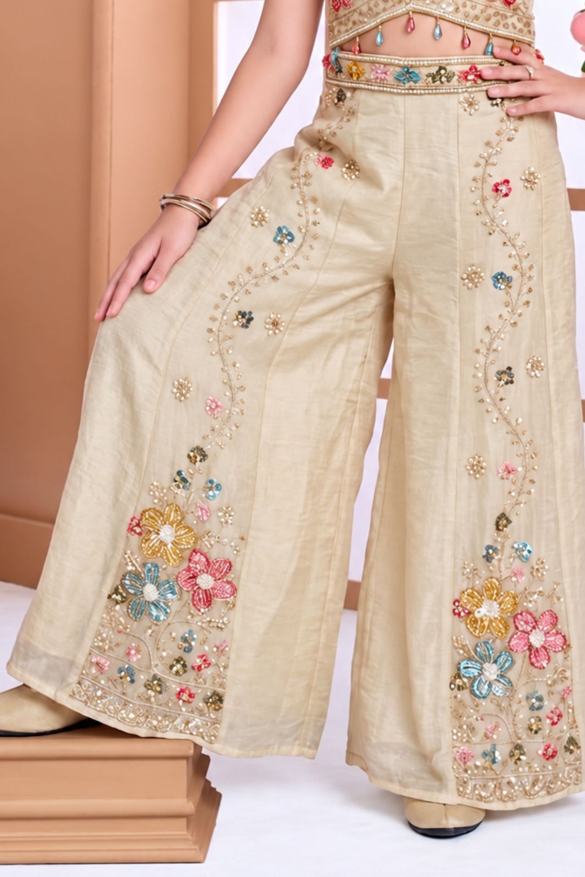 Girls Beige Bead Work With Floral Embroidered Palazzo Set with Dupatta