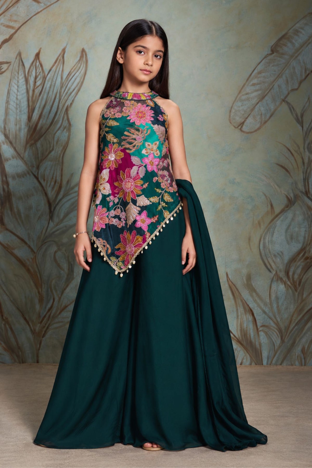 Girls Green Multicolour Floral Printed With Gold Embroidered Palazzo Set With Dupatta