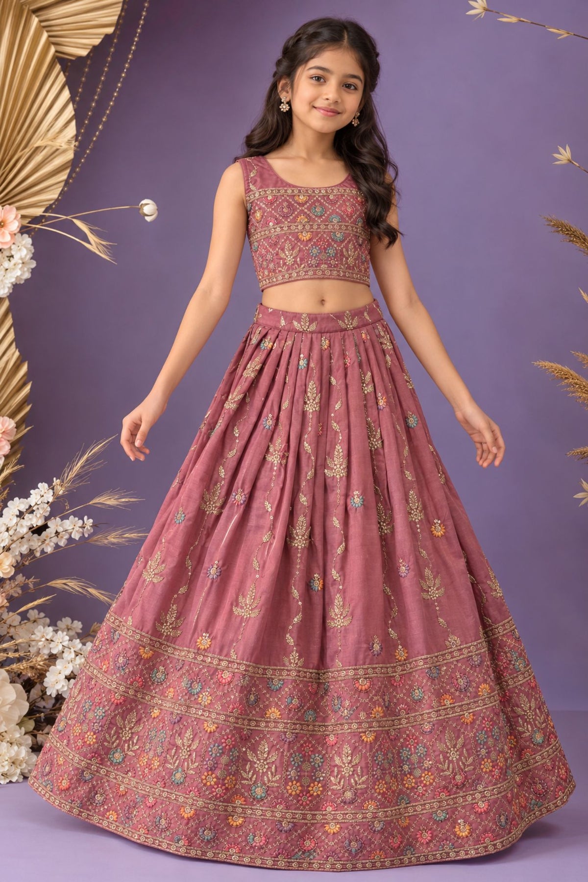 Peach Sleeveless And Mirror Embroidered With Sequins Worked Lehenga Choli Set For Girls