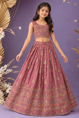 Peach Sleeveless And Mirror Embroidered With Sequins Worked Lehenga Choli Set For Girls