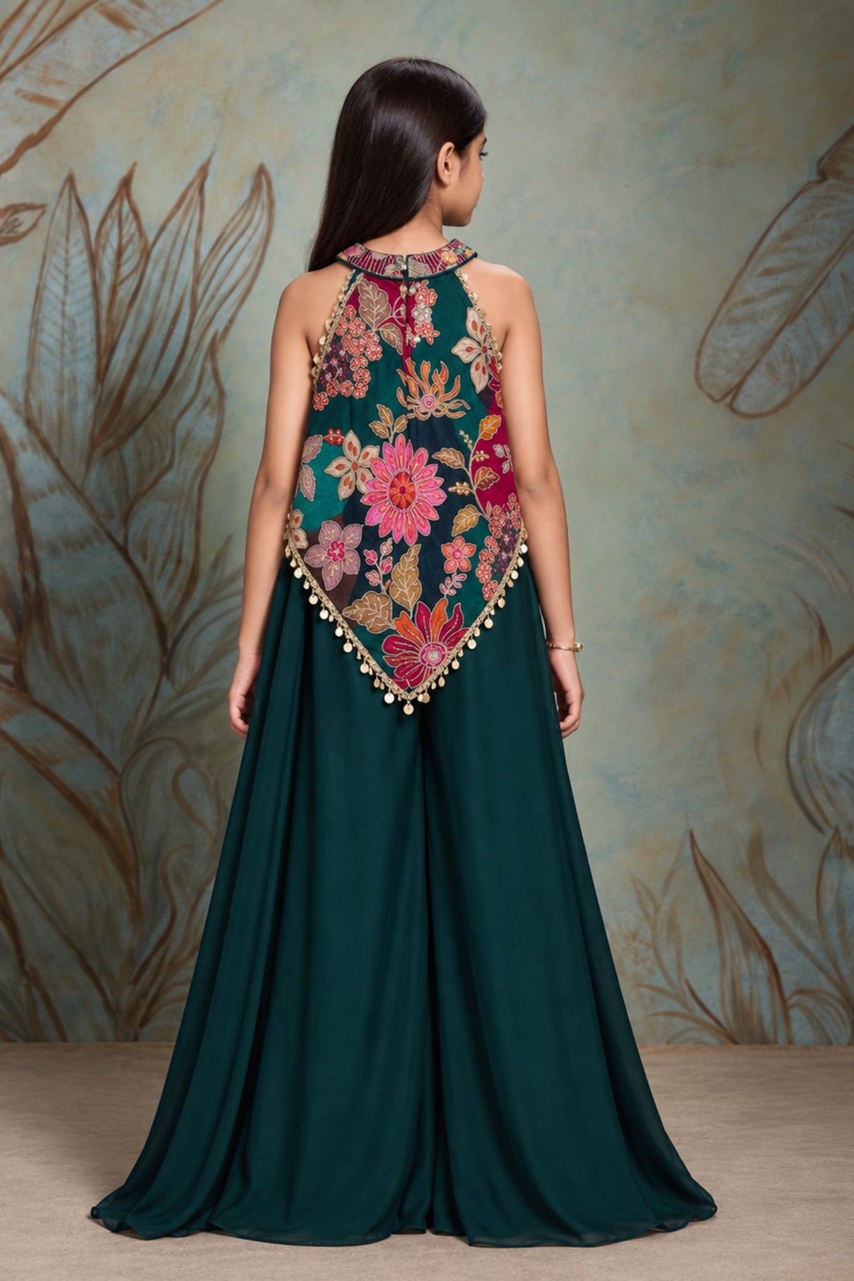 Girls Green Multicolour Floral Printed With Gold Embroidered Palazzo Set With Dupatta