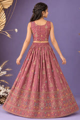 Peach Sleeveless And Mirror Embroidered With Sequins Worked Lehenga Choli Set For Girls