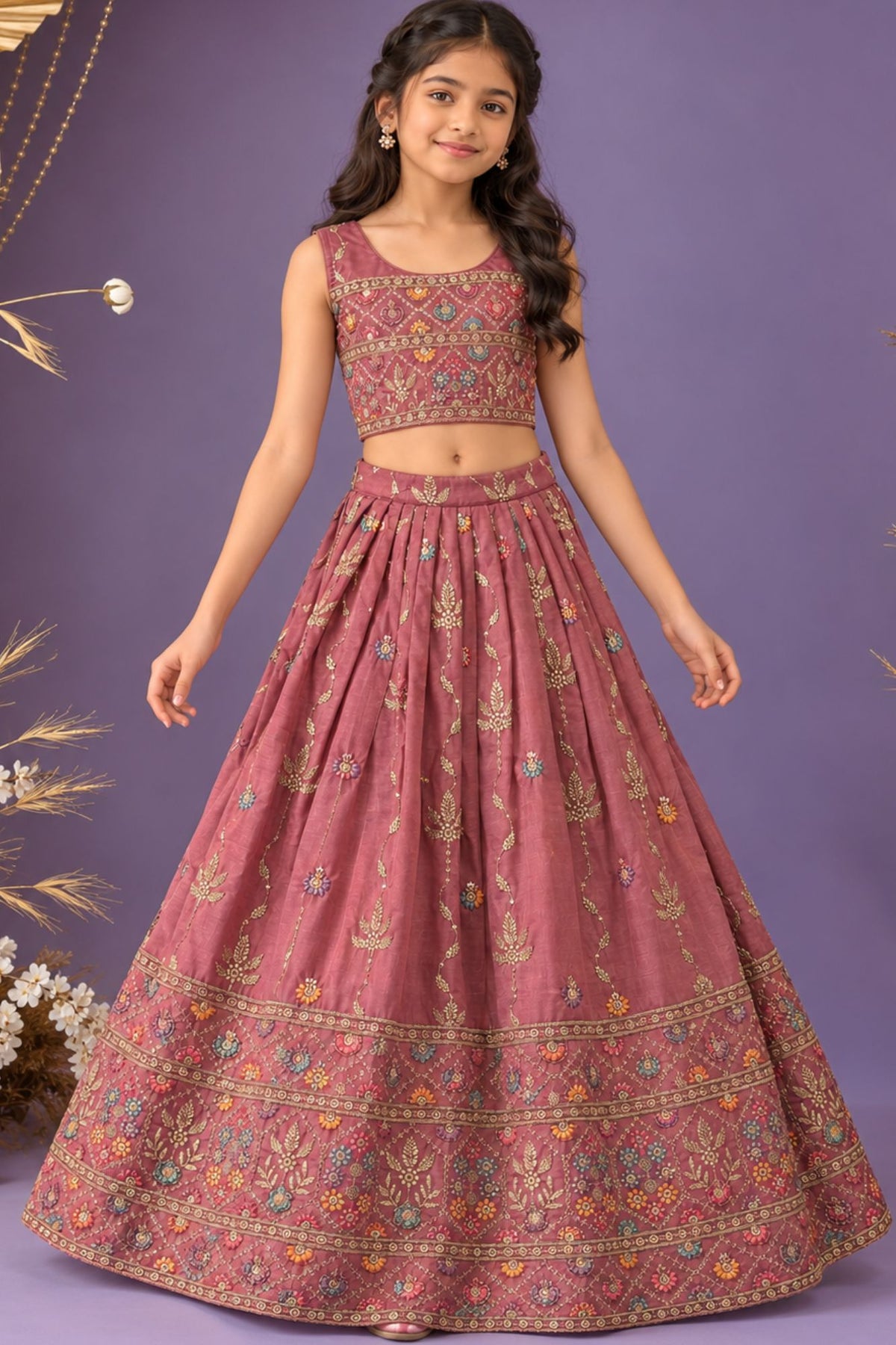 Peach Sleeveless And Mirror Embroidered With Sequins Worked Lehenga Choli Set For Girls