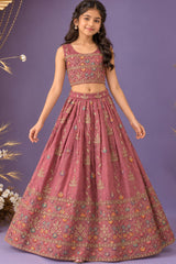 Peach Sleeveless And Mirror Embroidered With Sequins Worked Lehenga Choli Set For Girls