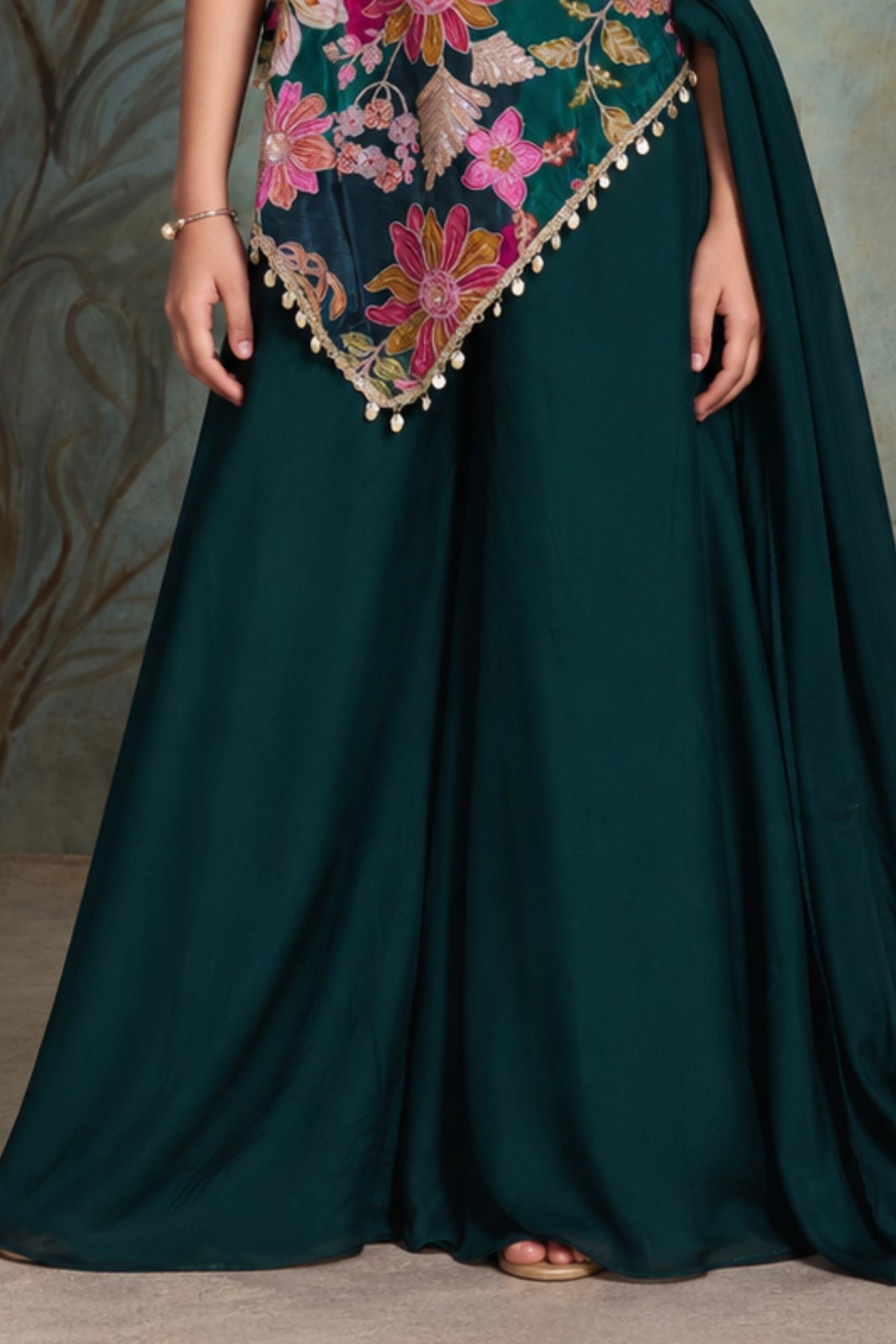 Girls Green Multicolour Floral Printed With Gold Embroidered Palazzo Set With Dupatta