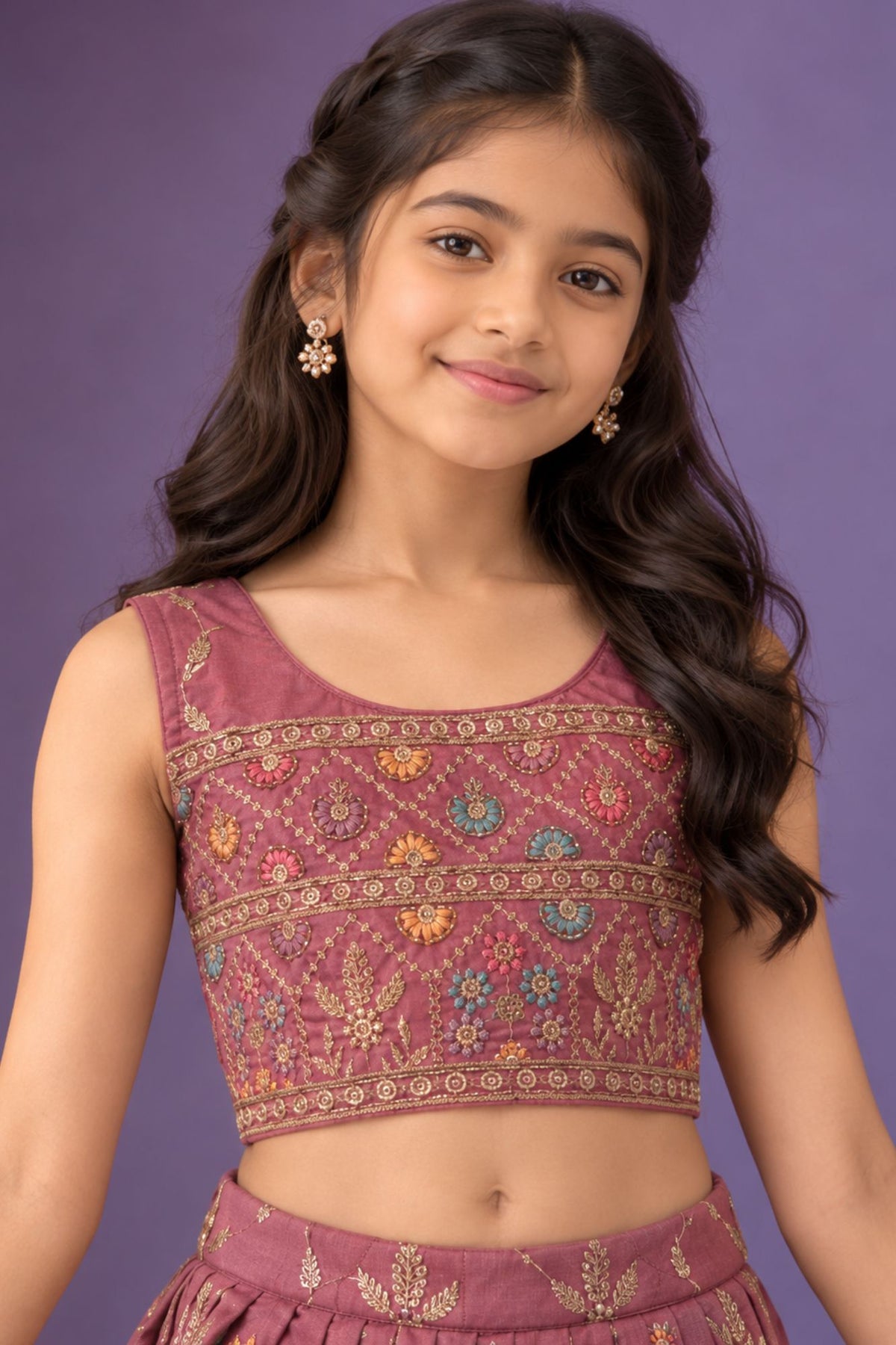 Peach Sleeveless And Mirror Embroidered With Sequins Worked Lehenga Choli Set For Girls
