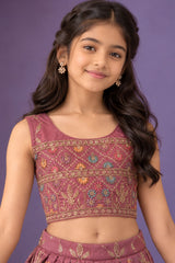 Peach Sleeveless And Mirror Embroidered With Sequins Worked Lehenga Choli Set For Girls