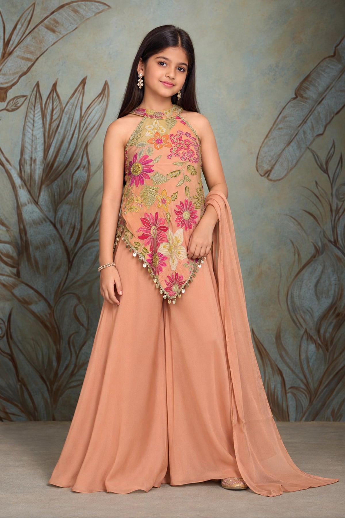 Girls Peach Multicolour Floral Printed With Gold Embroidered Palazzo Set With Dupatta