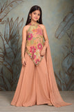 Girls Peach Multicolour Floral Printed With Gold Embroidered Palazzo Set With Dupatta