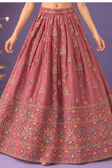 Peach Sleeveless And Mirror Embroidered With Sequins Worked Lehenga Choli Set For Girls