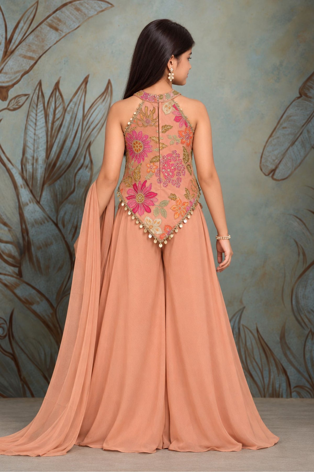Girls Peach Multicolour Floral Printed With Gold Embroidered Palazzo Set With Dupatta