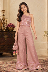 Girls Dusty Pink One-Shoulder Bead And Sequin Embroidered Palazzo Set