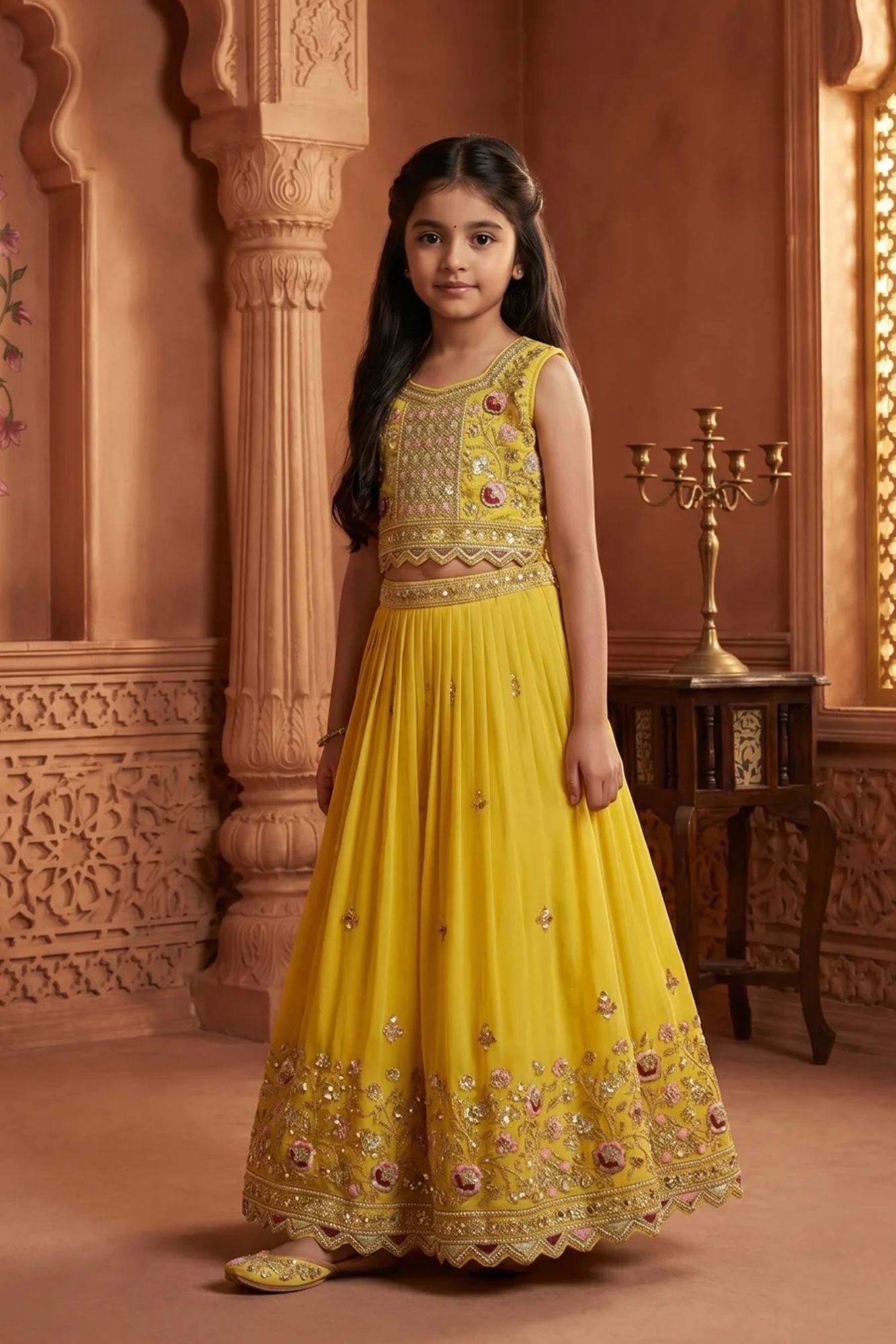 Girls Lime Yellow Embroidered Lehenga Choli Set