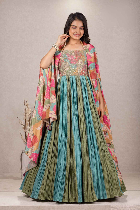 Multicolor Printed And Sequin Embroidery With Overcoat Gown For Girls