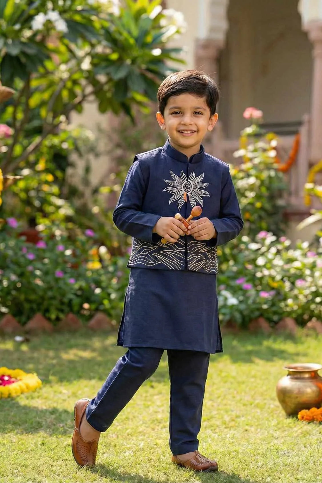 Navy Blue Kurta with Embroidered Waist-coat For Boys