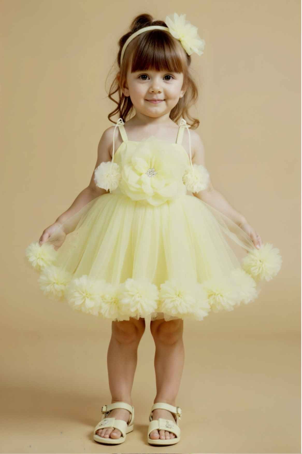 Lemon Yellow Ruffle Frock With Floral Embellished For Girls