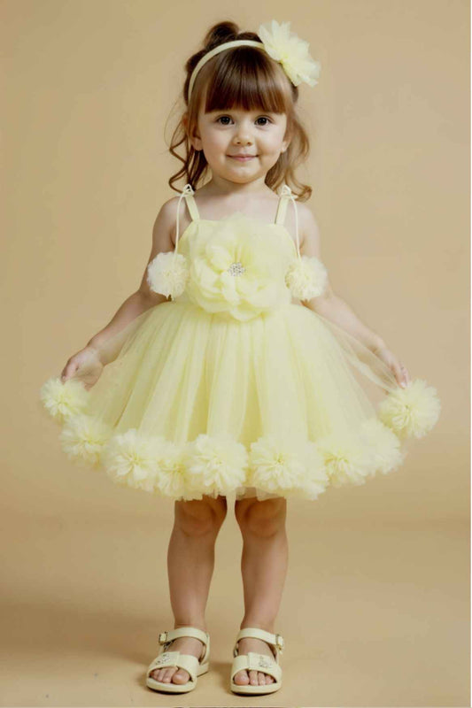 Lemon Yellow Ruffle Frock With Floral Embellished For Girls