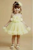 Lemon Yellow Ruffle Frock With Floral Embellished For Girls