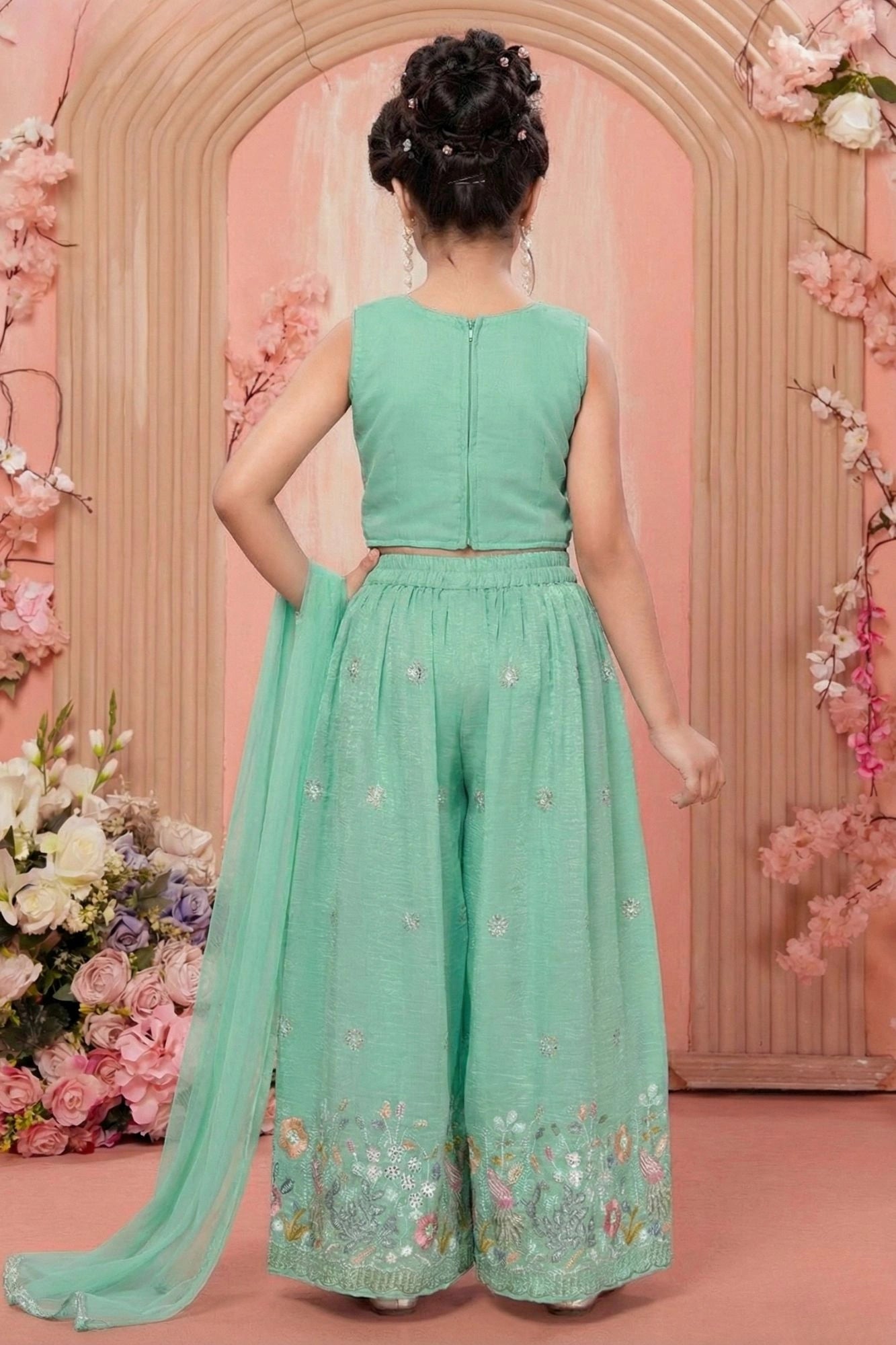 Mint Green Thread Embroidered Palazzo Set For Girls
