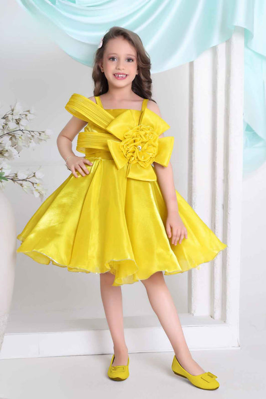 Yellow Floral Embellished Party Wear Frock For Girls
