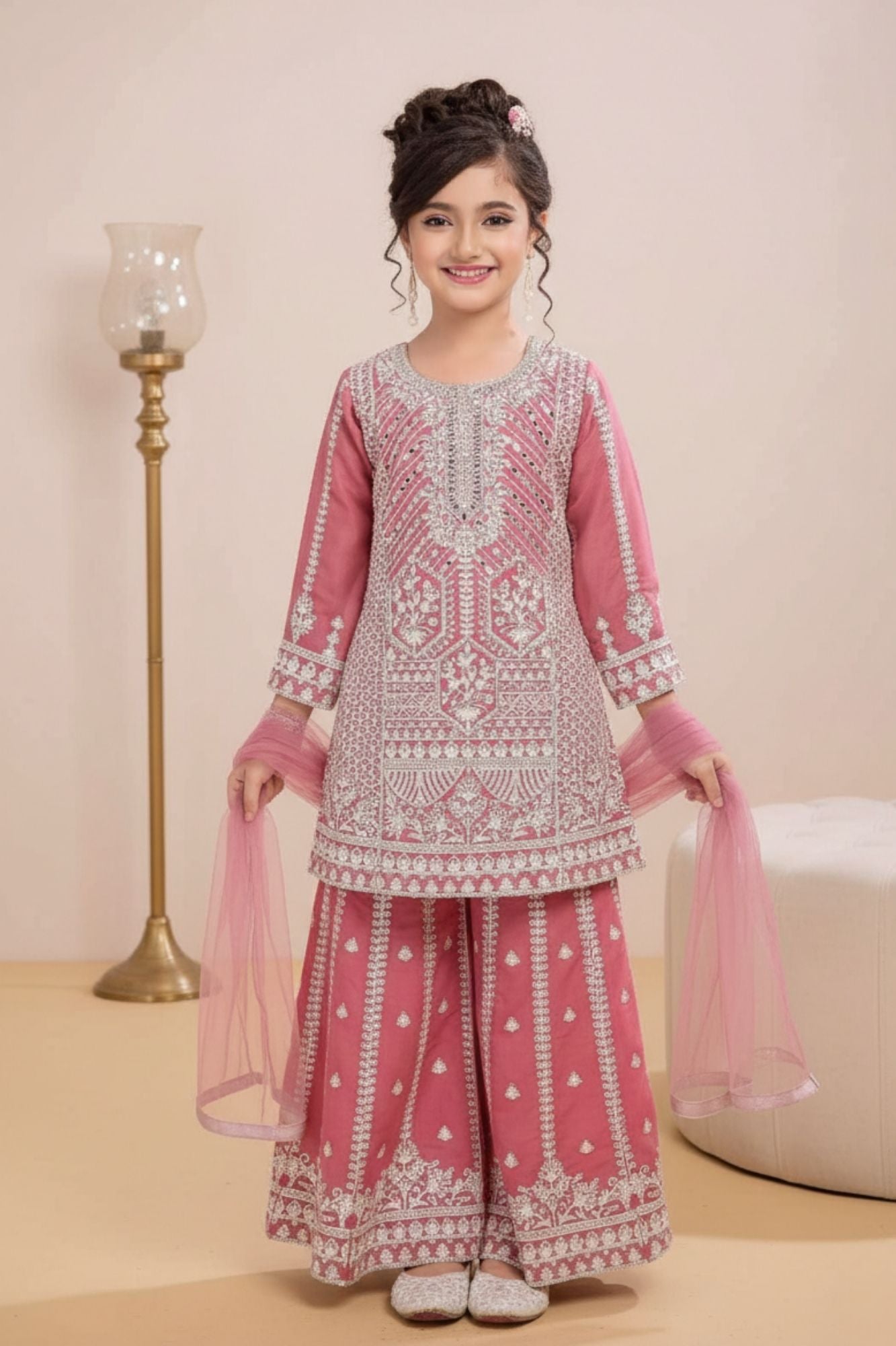 Dusty Pink And Gold Embroidered Kurti Palazzo Set for Girls