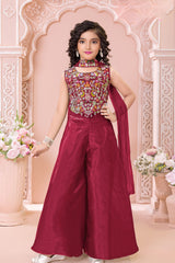 Rust Sequins Work With Thread Embroidery Palazzo Set For Girls
