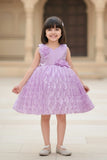Lavender Embellished Party Wear Frock with Textured Pleated Skirt For Girls