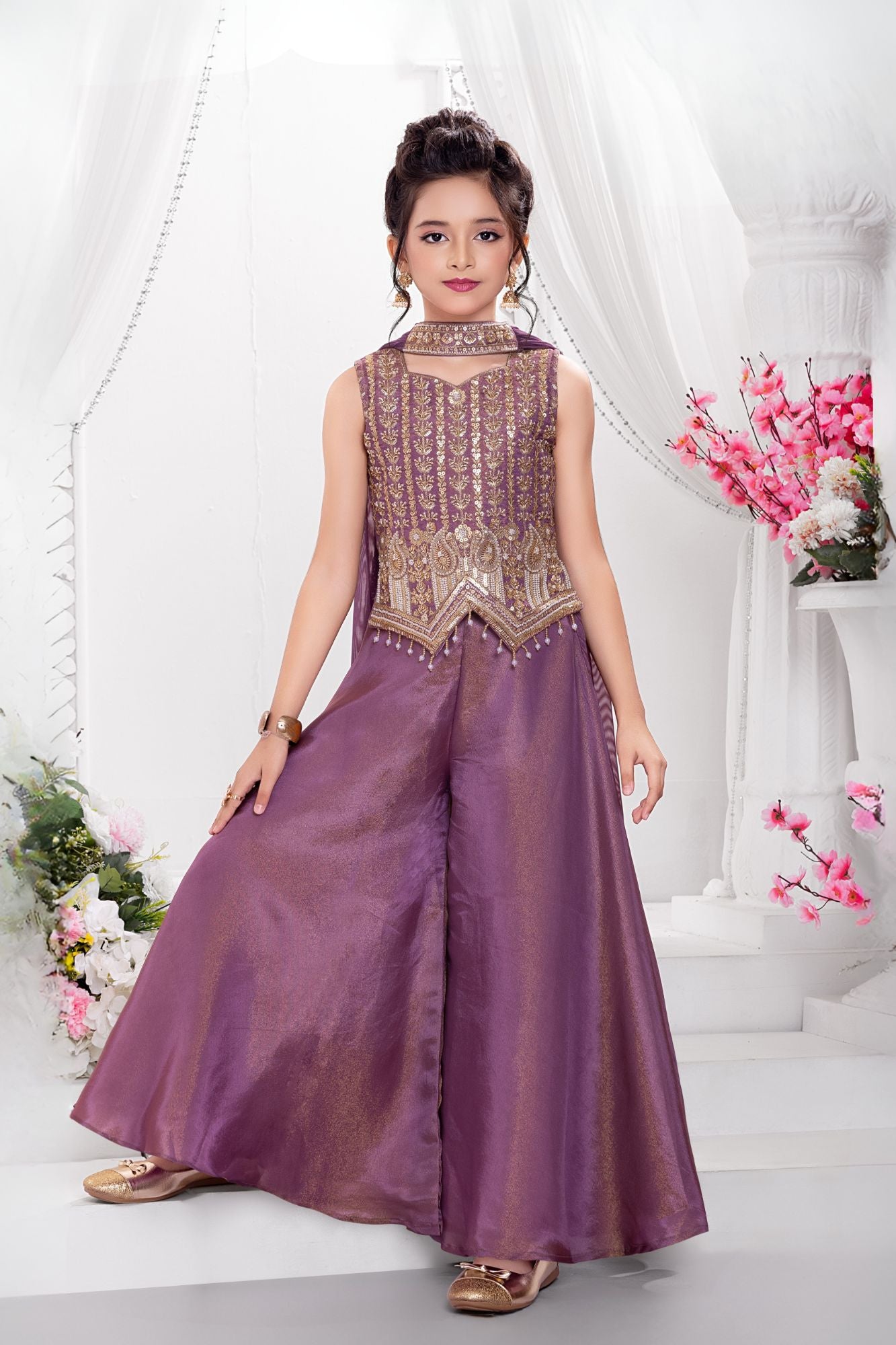 Wine Embroidered Palazzo Set with Dupatta for Girls
