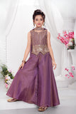 Wine Embroidered Palazzo Set with Dupatta for Girls