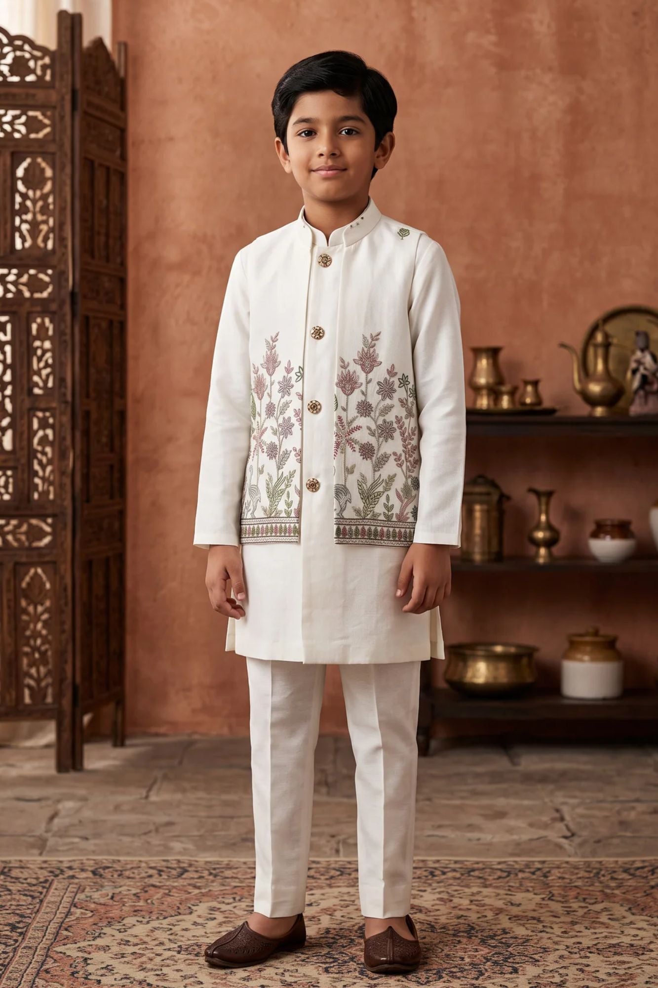 Boys White Floral  Embroidered Kurta Set with Nehru Jacket