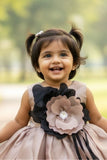 Brown Party Wear Frock with Oversized Black & Grey Floral Appliqué For Girls