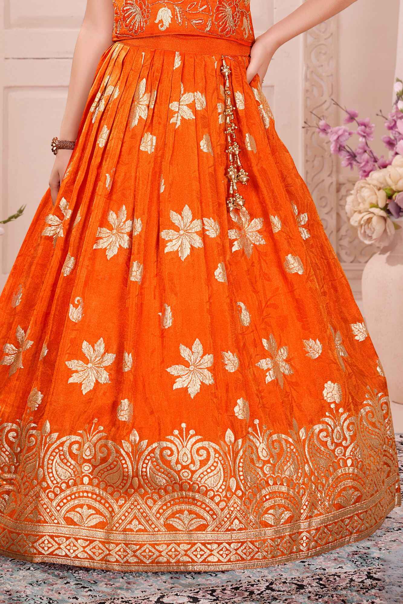 Orange Silk Lehenga Choli with Gold Zari Motifs For Girls