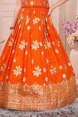 Orange Silk Lehenga Choli with Gold Zari Motifs For Girls