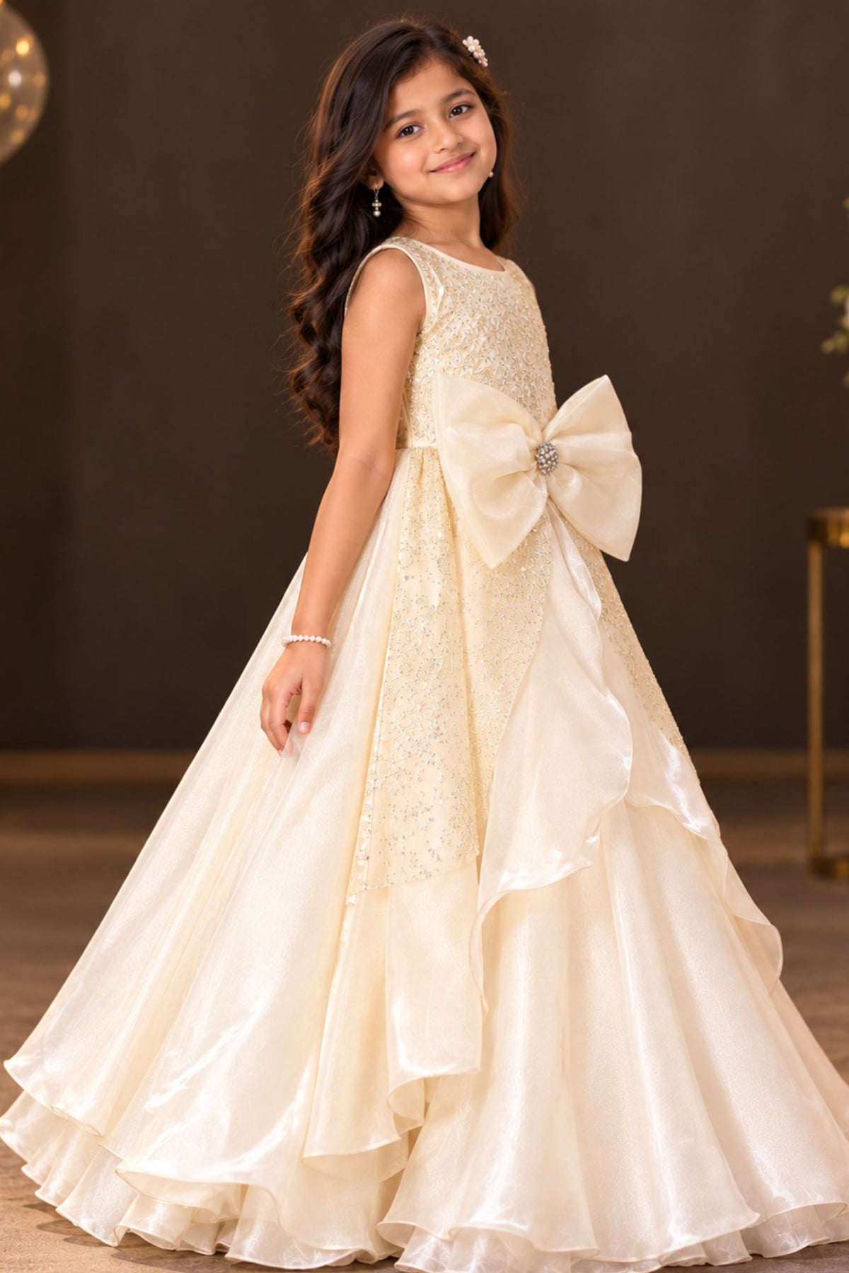 Cream Sequin Embellished Party Wear Gown For Girls