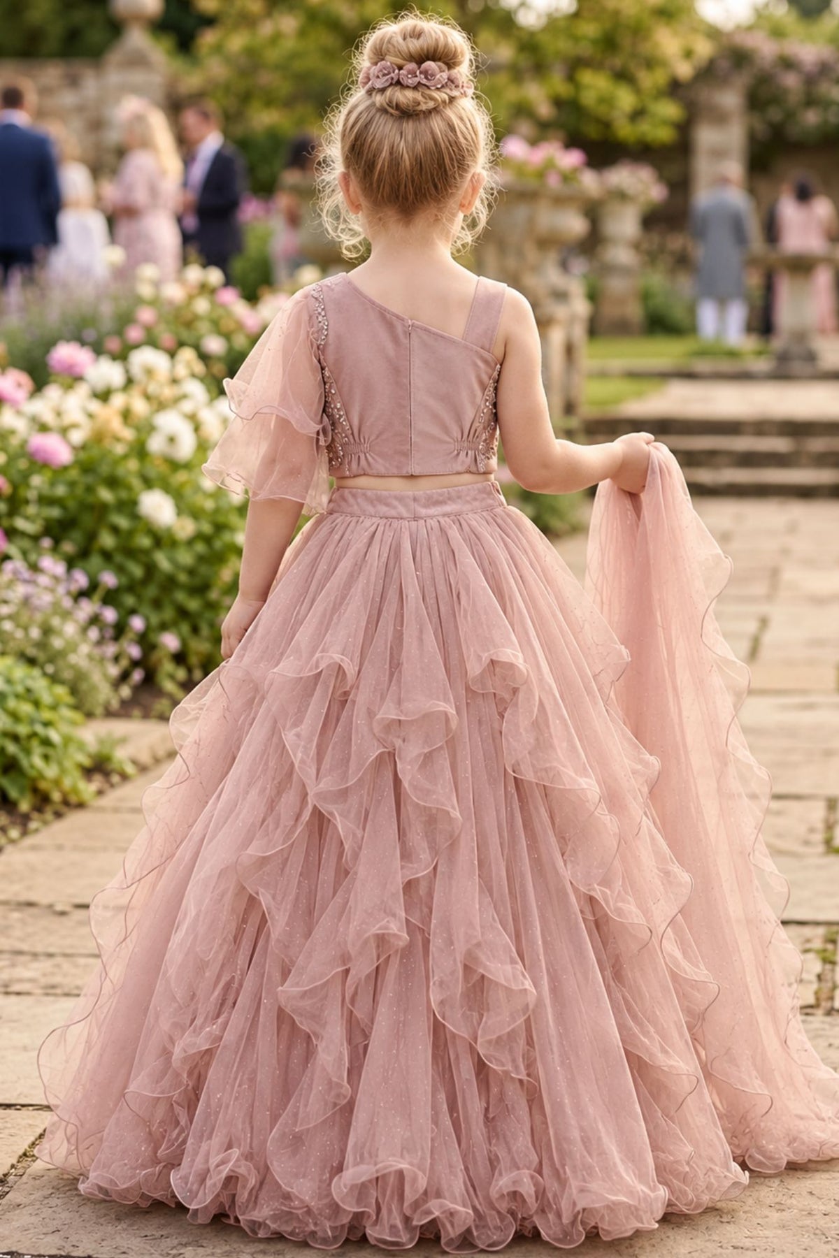 Dusty Pink Floral Ruffle Lehenga Choli for Girls