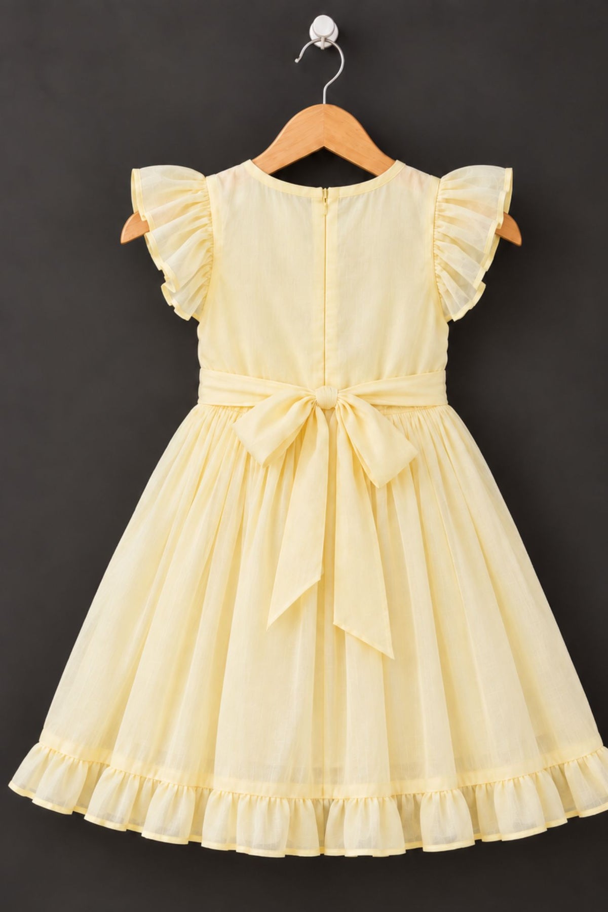 Pastel Yellow Tree Embroidered Ruffle Sleeve Flared Dress For Girls