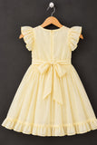 Pastel Yellow Tree Embroidered Ruffle Sleeve Flared Dress For Girls