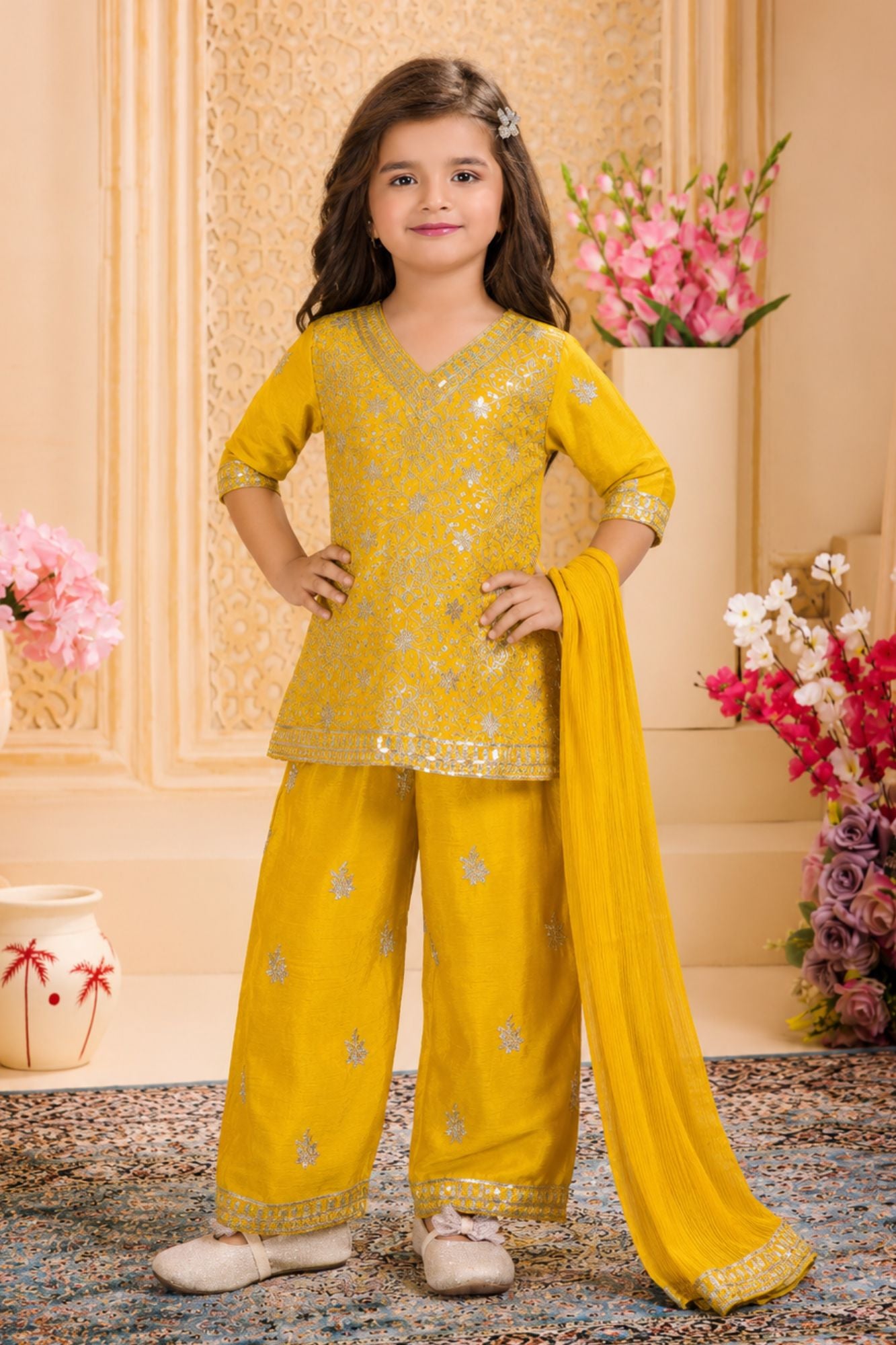 Mustard Yellow Embroidered Palazzo Set with Dupatta